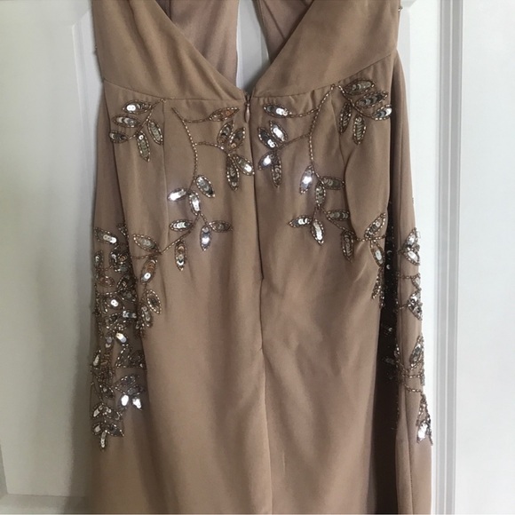 ASOS floor length gown embroidered beaded tan keyhole halter high neck b… - Picture 3 of 9